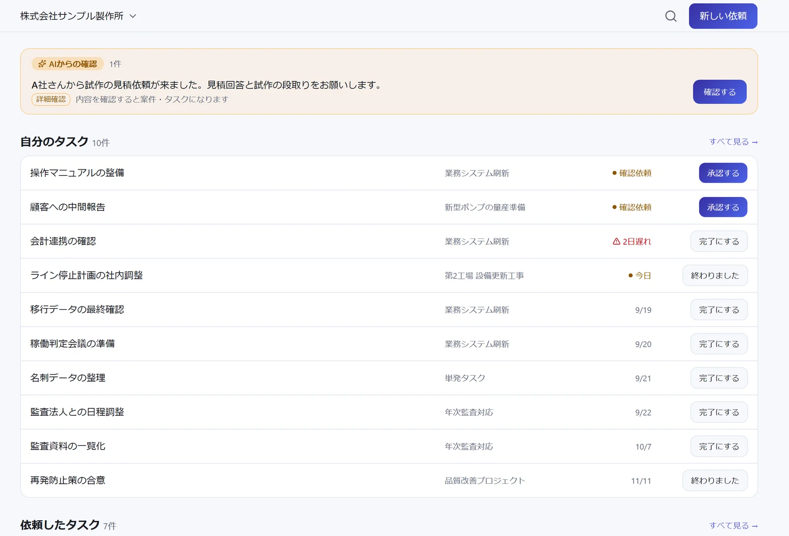 ホーム画面。自分のタスクが並び、会計連携の確認に「2日遅れ」、ライン停止計画の社内調整に「今日」と表示されている